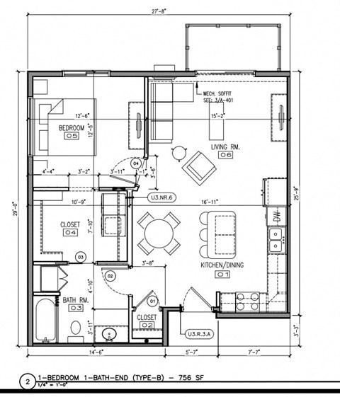 Floor plan for 1 bed, 1 bath, 756 sqft